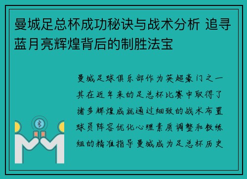 曼城足总杯成功秘诀与战术分析 追寻蓝月亮辉煌背后的制胜法宝